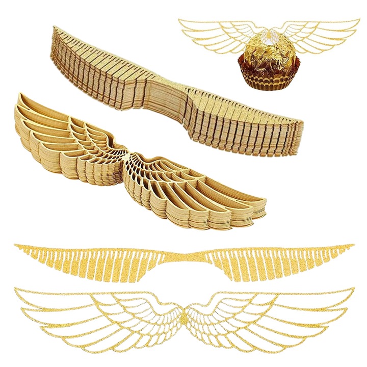 Златни крила на снич, аксесоари за тематично парти на магьосници, комплект от 50 части, декорация за торти и кексчета