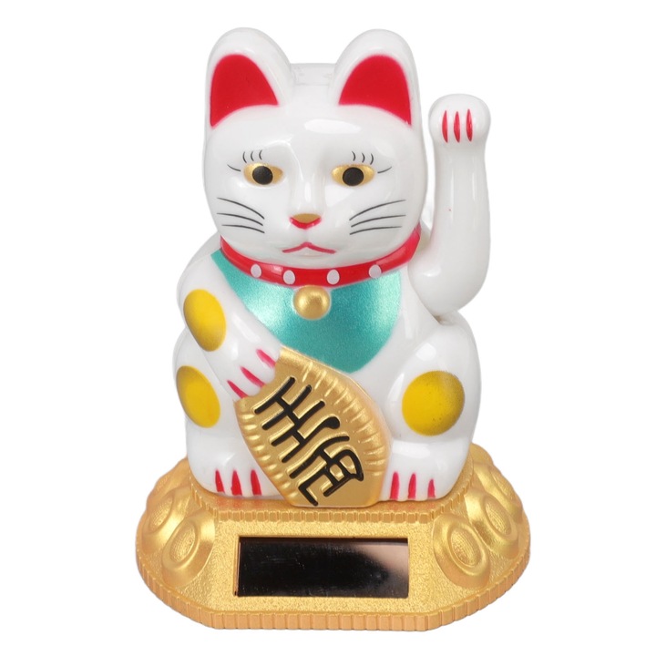 Figurina statuie cu inductie solara, pisica norocoasa chinezeasca, decoratiune cu brat fluturand, pentru ornamente auto si casa, alb