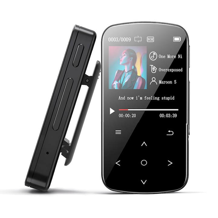 Bluetooth MP3 lejátszó, 32 GB, 1,54 hüvelykes, fekete, fejhallgatóval és töltőkábellel
