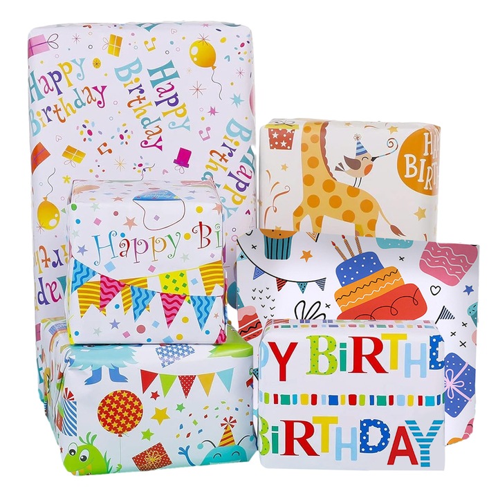Опаковъчна хартия за подаръци, Enforose, комплект от 6 листа, 50x70 см, дизайни за рожден ден, екологична, идеална за малки и средни подаръци