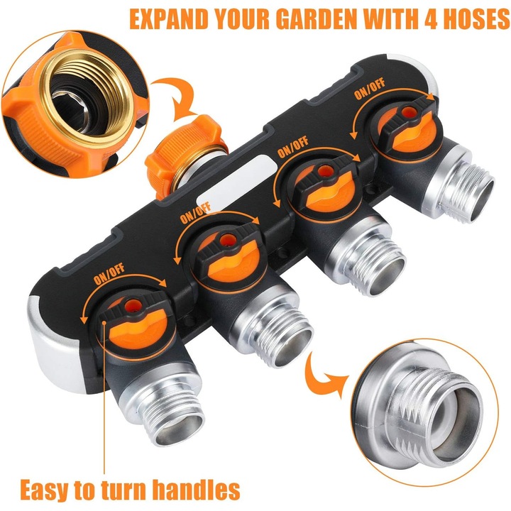 Adaptor robinet 4 cai, 4 supape, 3/4 inch, aluminiu, negru, universal