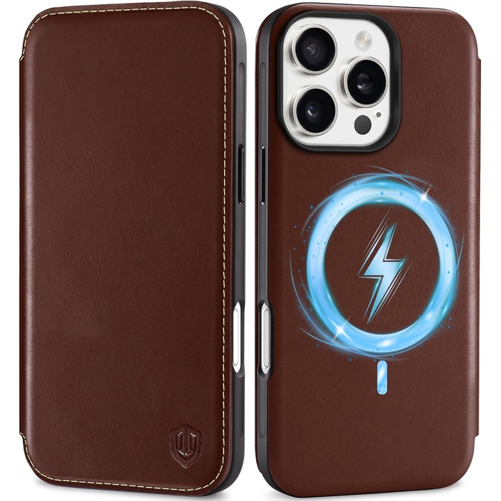 Husa de protectie pentru iPhone 16 Pro, Shieldon, Rezistenta la Socuri, din Piele, Slim, Cafeniu