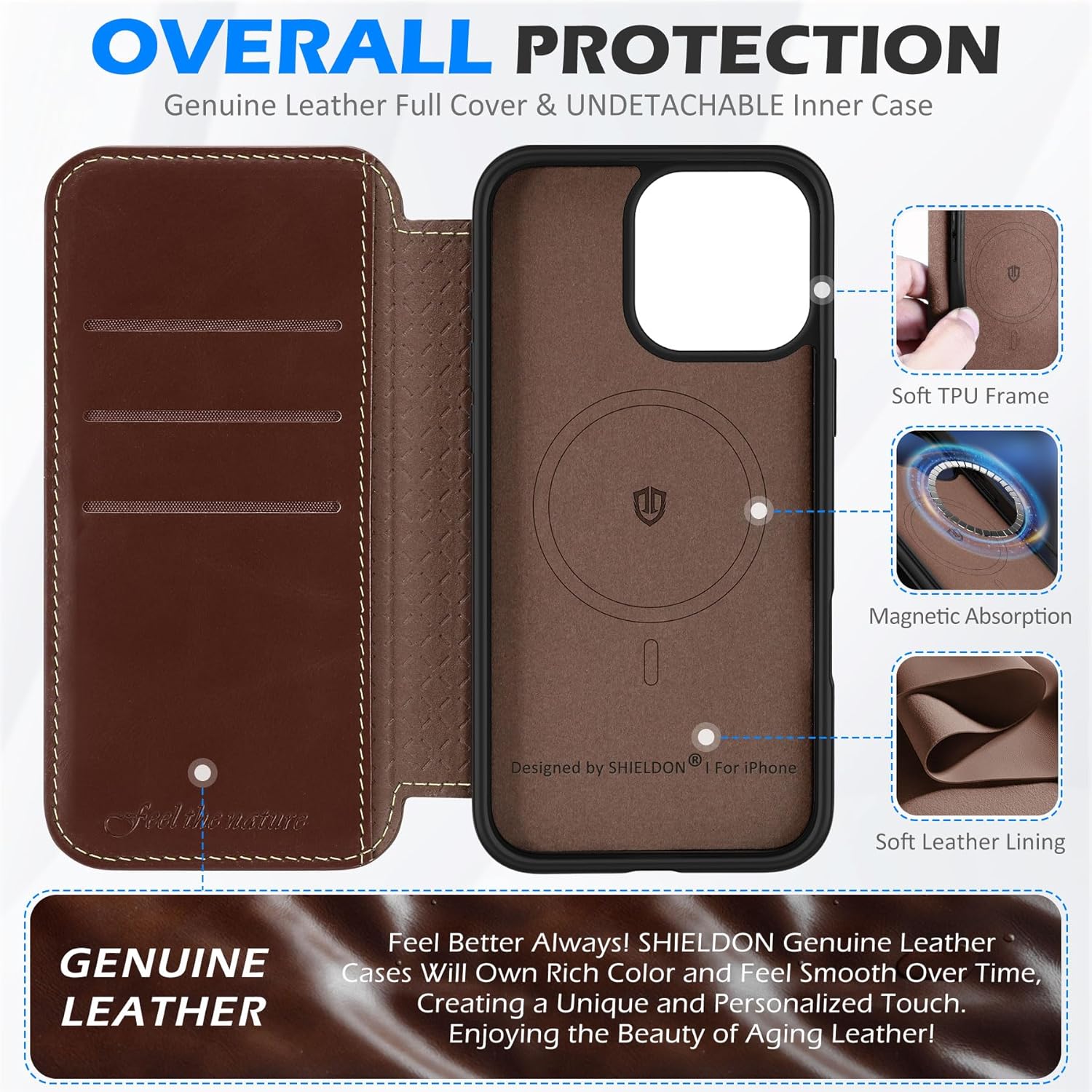 Husa de protectie pentru iPhone 16 Pro, Shieldon, Rezistenta la Socuri, din Piele, Slim, Cafeniu