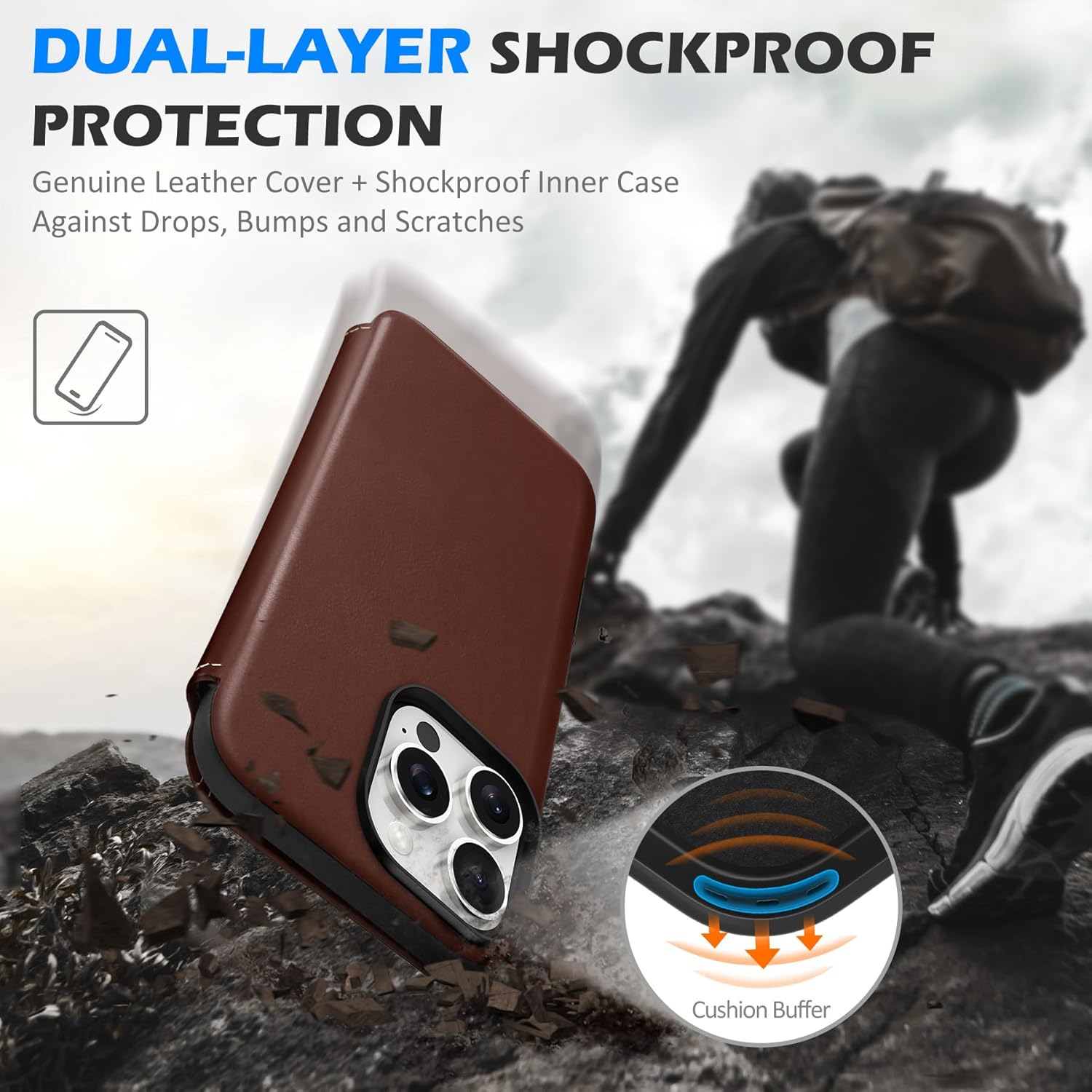 Husa de protectie pentru iPhone 16 Pro, Shieldon, Rezistenta la Socuri, din Piele, Slim, Cafeniu