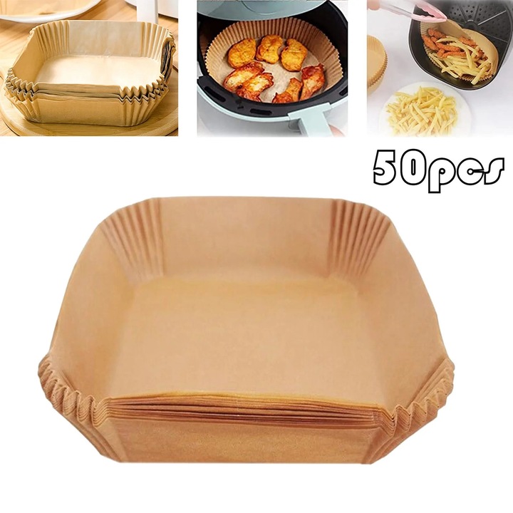 Hartie de copt pentru friteuza cu aer, 50 buc, 16x16cm, de unica folosinta, antiaderenta, rezistenta la ulei