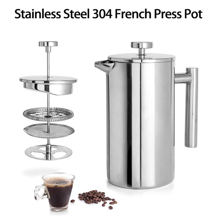 Cafetiera French press din otel inoxidabil 304 cu pereti dubli, inox, 350/800/1000 ml, 260911BM21900