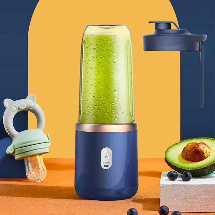 Blender portabil USB, 400ml, albastru, 6 lame inox, usor de curatat