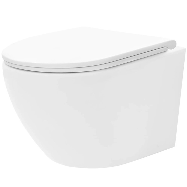 Toaleta suspendata, Rea, Carlo, Mini tornado pro, Alb lucios, Ceramica, Suspendata, Ovala, Inaltime 35 cm, Lungime 48 cm, Latime 36, 5 cm, Inchidere lenta, Sistem de spalare tornado, Capac de toaleta duroplast
