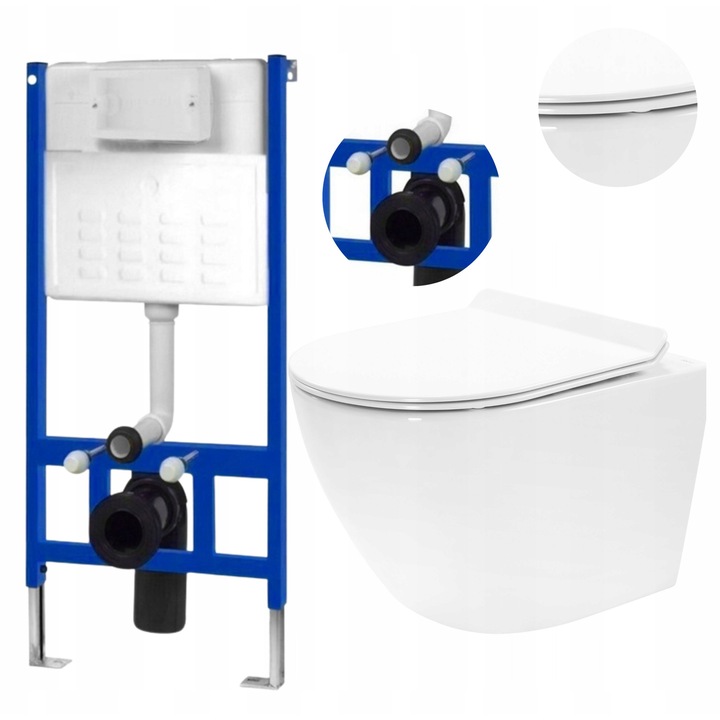 Toaleta suspendata, Rea, Carter tornado rimless, Ceramica alba, 37 cm latime, Capac cu cadere lenta, Fara margine, Sistem de spalare tornado