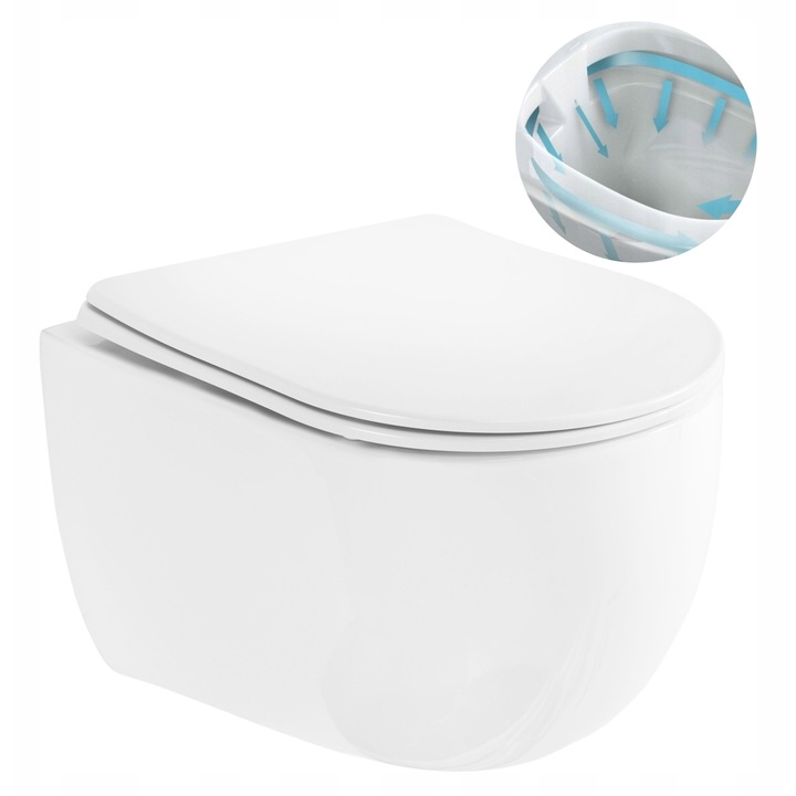 Toaleta suspendata, Rea, Olivier, Rimless, Alba, Ovala, Ceramica, Suspendata, Inchidere lenta, Set, Toaleta + capac toaleta