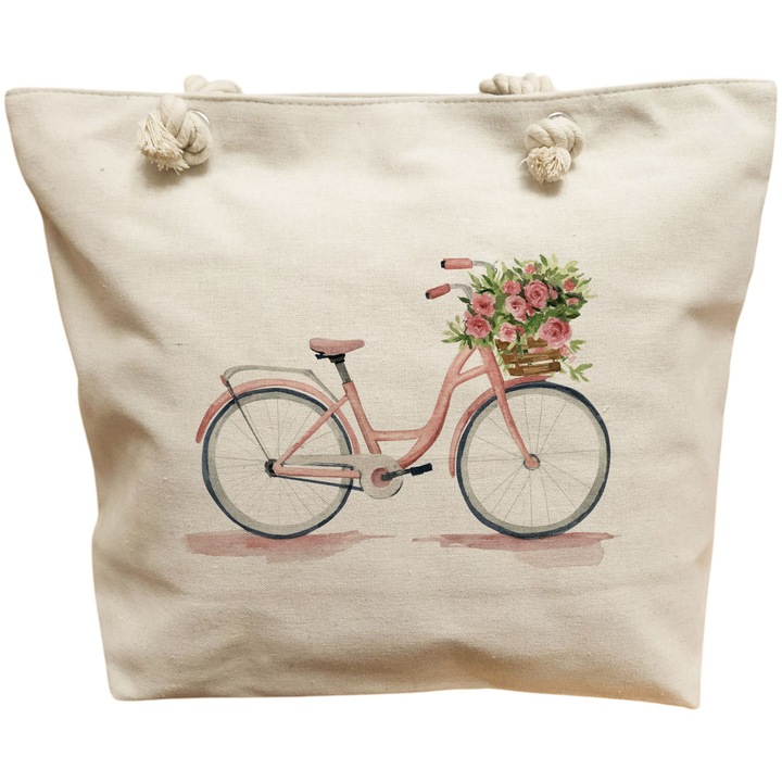 Vászon női hordtáska, rózsaszín kerékpármodell, 40x51 cm, fehér, BEKZ