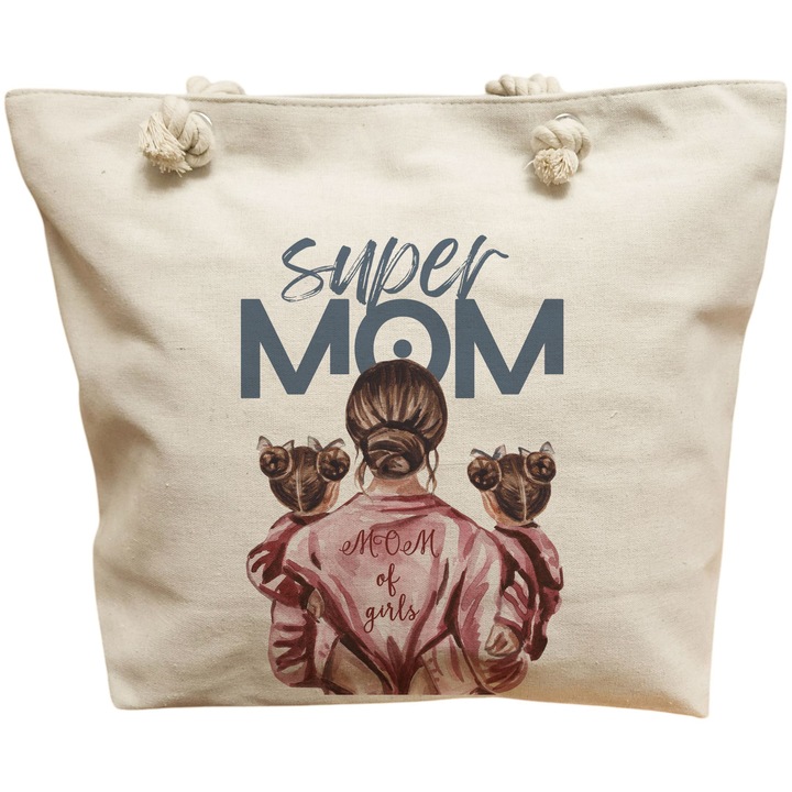 Vászon hordtáska nőknek, Super Mom of Girls modell, 40x51 cm, fehér, BEKZ