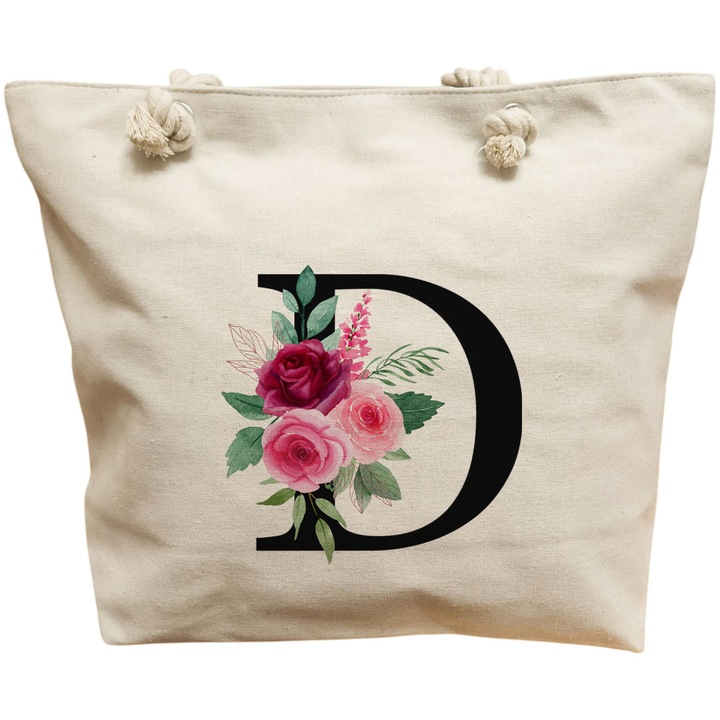Vászon női hordtáska, D betűvel és rózsákkal, 40x51 cm, fehér, BEKZ