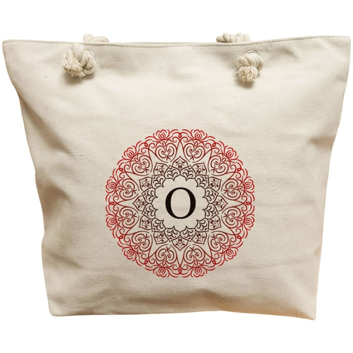 Vászon női hordtáska, O betűvel és mandalával, 40x51 cm, fehér, BEKZ