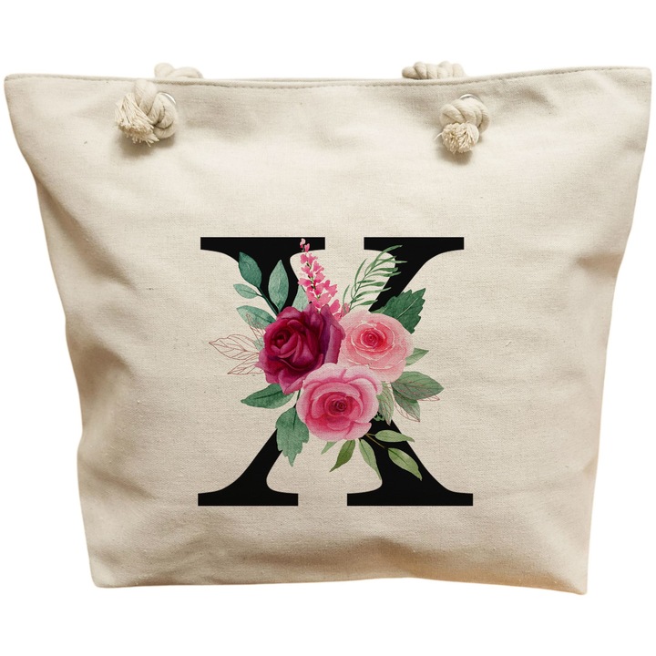 Платнена дамска чанта, с буква X и рози, 40x51 см, бяла, BEKZ®