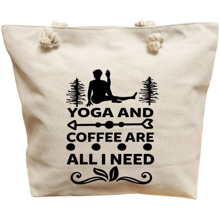 Платнена чанта за жени Yoga and Coffee are all I need, 40x51 cm, Бяла, BEKZ®