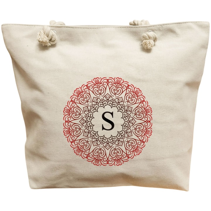 Vászon női hordtáska, S betűvel és mandalával, 40x51 cm, fehér, BEKZ