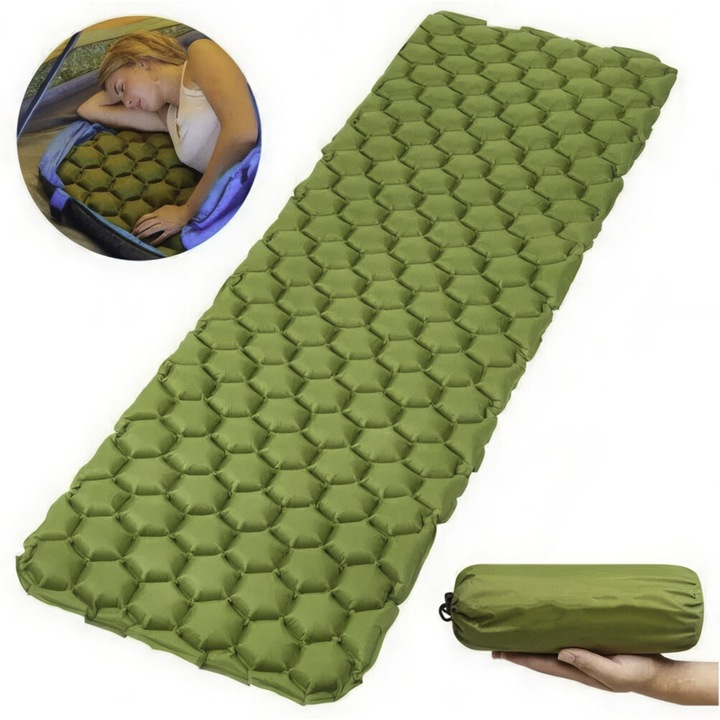 Надуваем дюшек за къмпинг, 180x55x5 см, зелен, комплект с чанта за съхранение