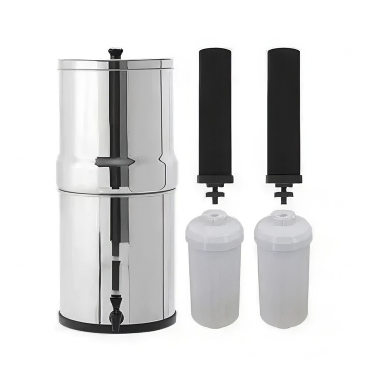 Gravitációs szűrő 304-es rozsdamentes acélból, 8,5 l űrtartalommal, 2 szűrőből álló készlet, méretek 22x52,5 cm