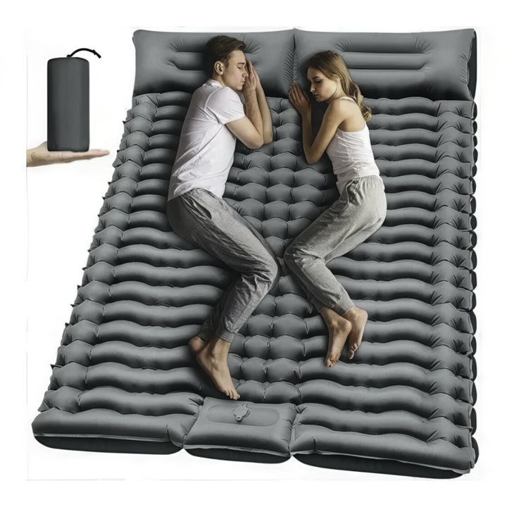 Къмпинг матрак 205x130x10 см, сив, с вградена въздушна помпа, лек и компактен
