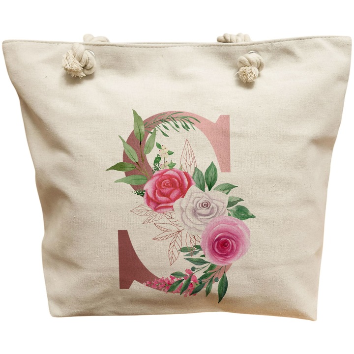 Платнена дамска чанта, с буква S, розово злато и рози, 40x51 см, бяла, BEKZ®