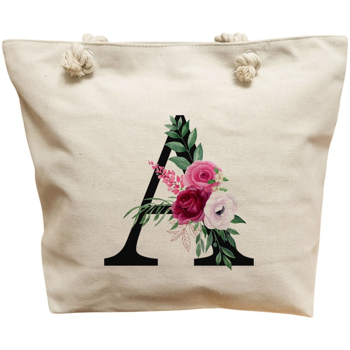 Vászon női hordtáska, A betűvel és rózsákkal, 40x51 cm, fehér, BEKZ