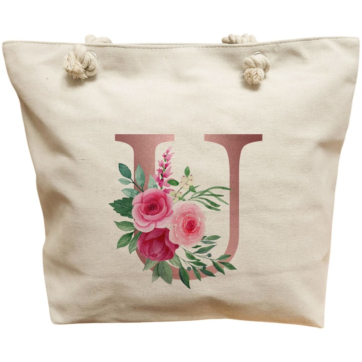 Платнена дамска чанта, с буква U, розово злато и рози, 40x51 см, бяла, BEKZ®