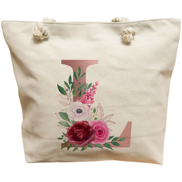 Vászon női hordtáska, L betűvel és rózsával, 40x51 cm, fehér, BEKZ