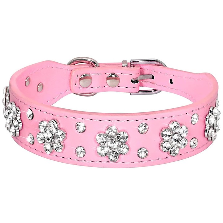 Zgarda Floricele si Strasuri, Marime XS, Lungime 27cm, Ajustabila, Fashion, Leather look, Roz