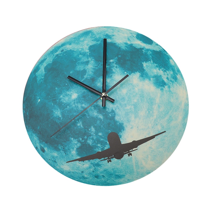 Ceas de perete decorativ, luna, 30cm, acrilic, fosforescent, alb