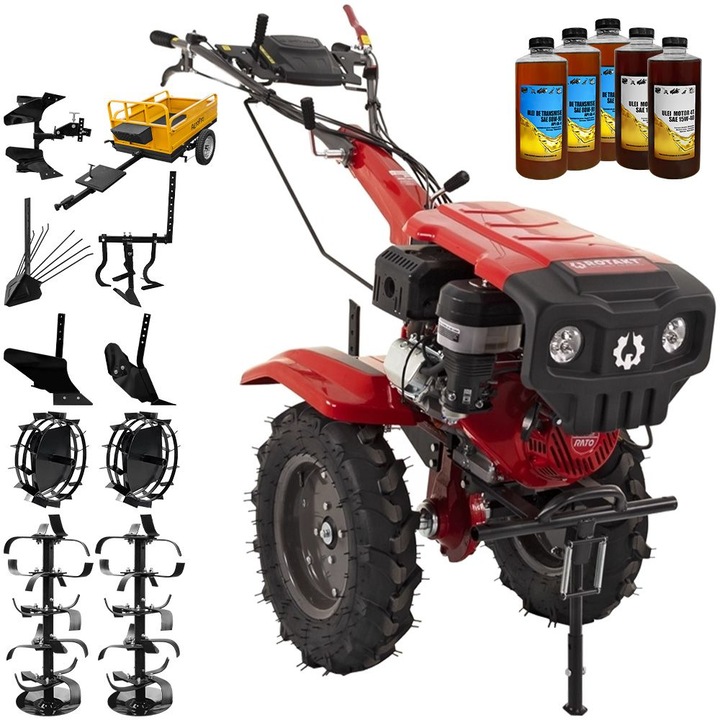 Motocultor Rotakt Partizan RO15R 2-PTO, motor 15CP, 2+1 viteze, latime lucru 56-135 cm, freze, roti cauciuc 5.00-12", capota far led, 2 prize de putere, roti metal, plug arat, rarita reglabila, plug cartofi, cultivator, plug reversibil, remorca, 5l ulei