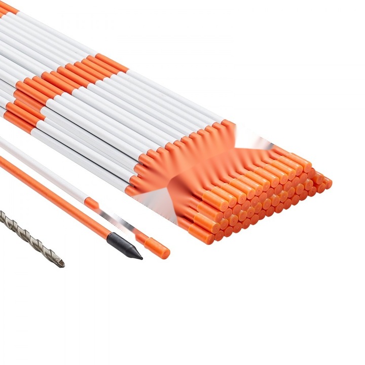Marcatori pentru sosea, Set 50 buc, Inaltime 121.92 cm, Diametru 0.79 cm, Stalpi portocalii din fibra de sticla, Banda reflectorizanta, Burghiu otel 30.48 cm, Manusi protectie, Vizibilitate sporita
