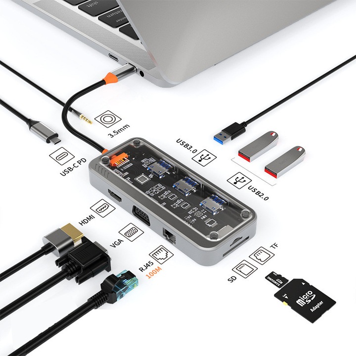 Adaptor Hub Multiport Transparent 10 in 1, Fudisenn®, HDMI HD 4K, VGA, USB - C PD 100W, 3.5 mm Jack Audio, SD / TF, USB 3.0 / USB 2.0, RJ45 100M, pentru Apple Macbook / Ipad Pro / Lenovo / HP / Dell, compatibil Windows / Linux / IOS / Android, Negru