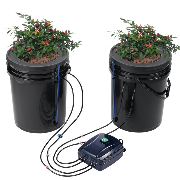 Sistem de cultivare Hydroponics DWC, Cultura in apa adanca cu Top Drip, 2 galeti, usor de utilizat, eficient energetic, valoros pentru gradinarit