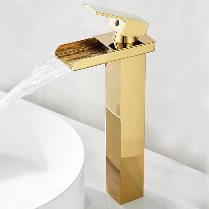 Baterie sanitara, Enforose, cu robinet tip cascade, finisaj auriu lucios, din otel inoxidabil, control temperatura simplu