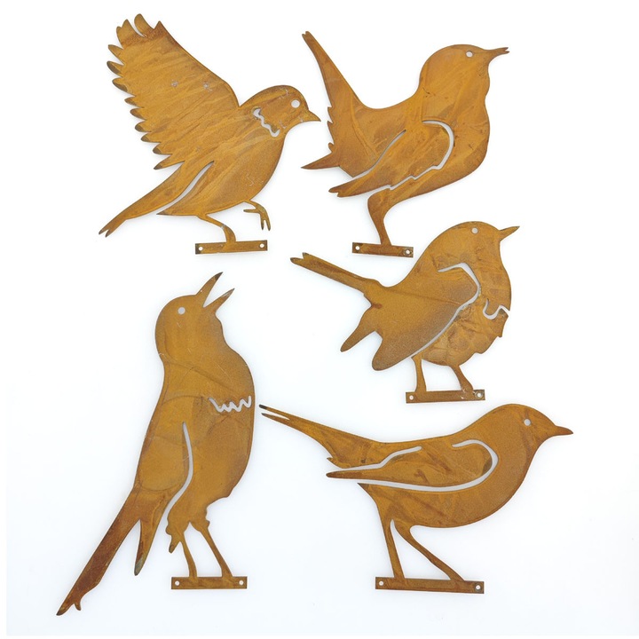Statuie din metal cu pasari ruginite, set de 5, stil vintage, decor pentru gradina, utilizare in aer liber
