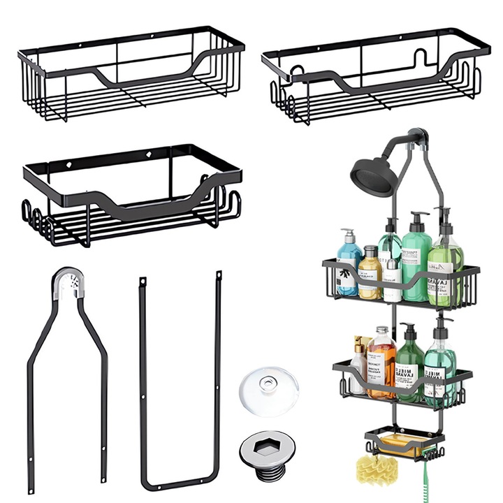 Висяща етажерка за баня Enforose, 3 нива, устойчива на ръжда конструкция, сигурен монтаж, лесен достъп, щедри размери