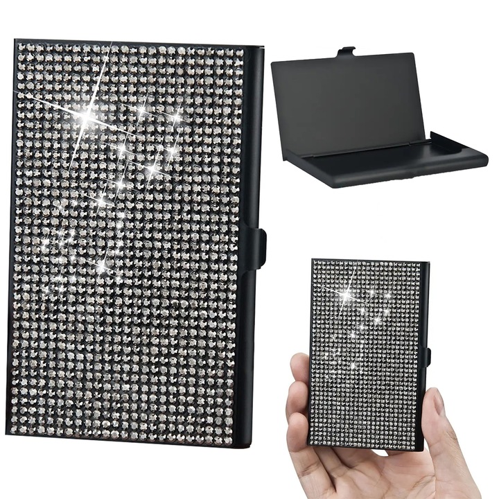 Suport pentru carti de vizita, BOMSTOM, Tine 20 de carti, Portabil, Aliaj/Cristal, Depozitati carti de vizita, 9,4 x 6,8 x 1,2 cm/3.7 x 2.3 x 0.3inch, Negru