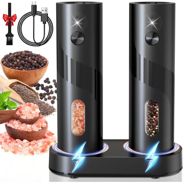 2 darabos elektromos só- és borsőrlő készlet, Nagy kapacitású újratölthető őrlő, Tisztítókefe, 120 ml űrtartalom, USB kábel, Töltőállvány, Állítható vastagság, LED kijelző