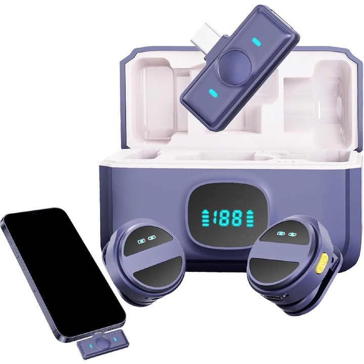 Microfon wireless,, Lapel Lavalier Profesional Microfon wireless dual Butonhole Cravate Microfon mini de inalta performanta, eliminare avansata a zgomotului, audio clar, 30 de ore de utilizare, 1 set