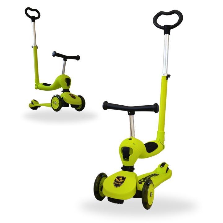 2 az 1-ben átalakítható gyerek roller és kismotor - tolórúddal – állítható magasság, puha kerekek, könnyű kormányozhatóság, világító első és hátsó kerekek