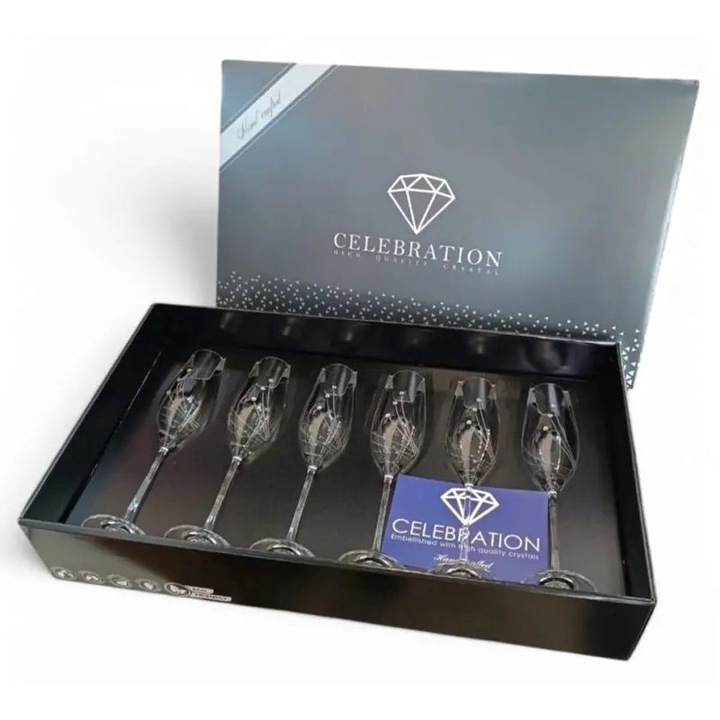 Pezsgős pohár készlet, kristályokkal díszítve, 6x210 ml