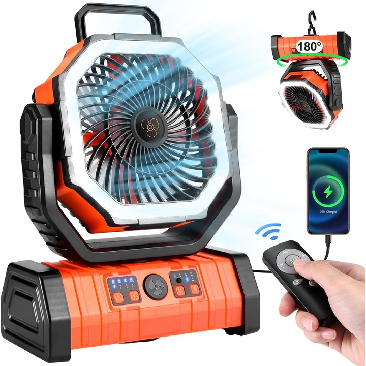 Hordozható ventilátor, 20000mAh akkumulátorral működő ventilátor, hordozható töltős asztali/kemping ventilátor LED-es lámpákkal és akasztóval, kültéri utazóventilátor sátorhoz, narancssárga