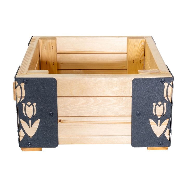 Дървена саксия, DacEnergy, метални вложки във формата на лалета, за вътрешно/външно ползване, квадратна форма, 38 x 38 x 20 см, естествена и сива