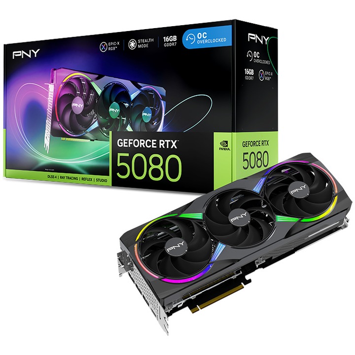 Видеокарта PNY GeForce RTX 5080 OC ARGB, 16GB GDDR7, 256-битова