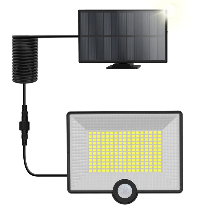 40W соларен LED прожектор със сензор за движение, 204 ултраярки светодиода, IP65, включен соларен панел – първокласно външно осветление ClassLights