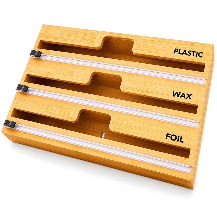 Suport Rola Hartie de Bucatarie KD Home® Stretch Master, Cu Taietor, Top Organizator, Din Lemn, Pentru Hartie de Copt, folie Stretch, Pentru Sertar sau Agatare, Maro