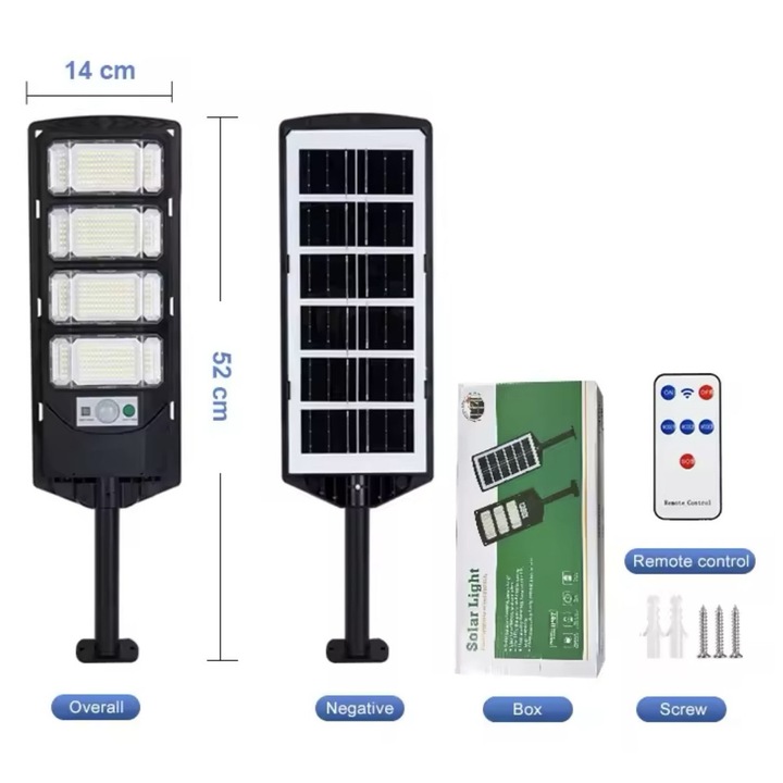 Ултра ярка LED соларна лампа 2500 W, 500 кв.м., със сензор за движение, 3 режима на светене, водоустойчива, 52/14 см, голям капацитет на батерията 18000 mAh
