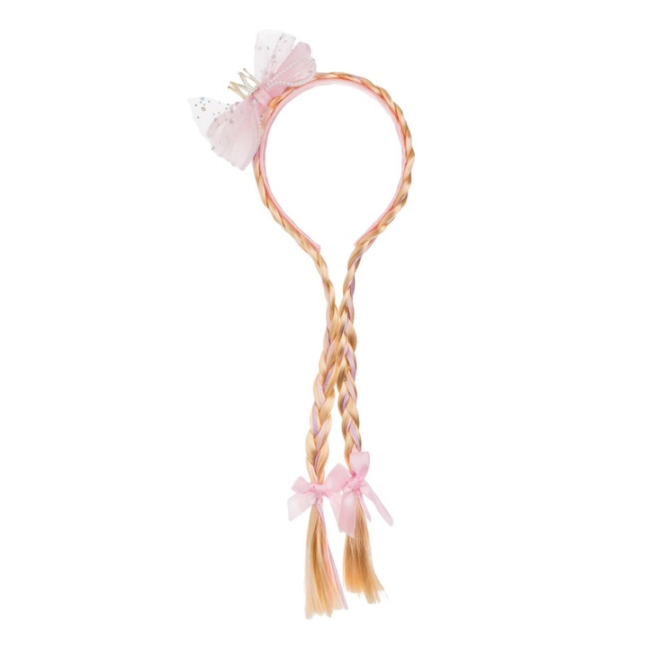 Coroniță Păr cu Codite Blonde și Fundiță Roz, 30cm