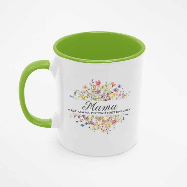 Cana alba personalizata, interior verde si maner verde, 350ml, Mesaj Cea Mai Pretioasa Fiinta Din Lume, Model Mama